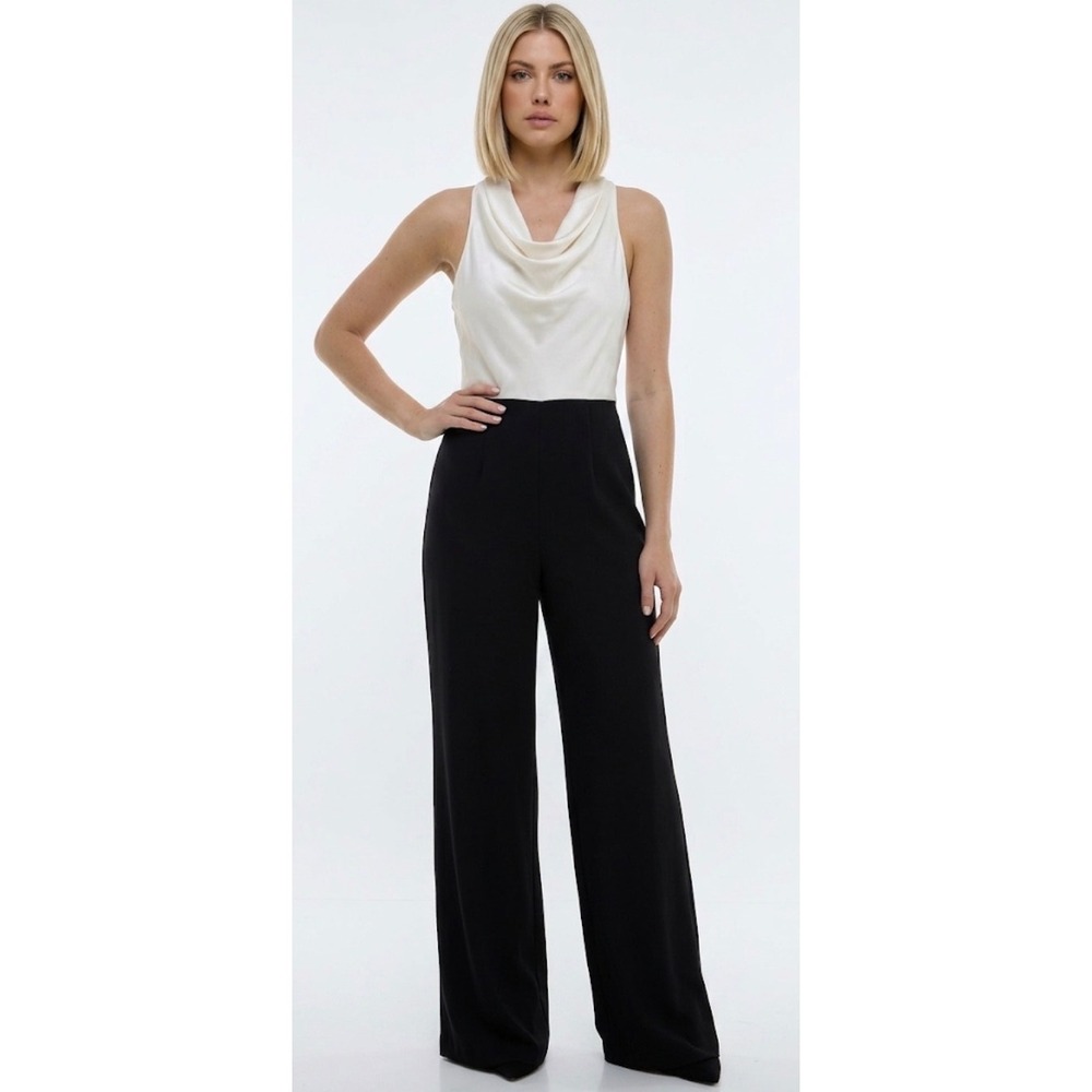 Halston Cowl Neck Wide Leg Jumpsuit Cream Black Sleeveless Formal Size 12 NEW